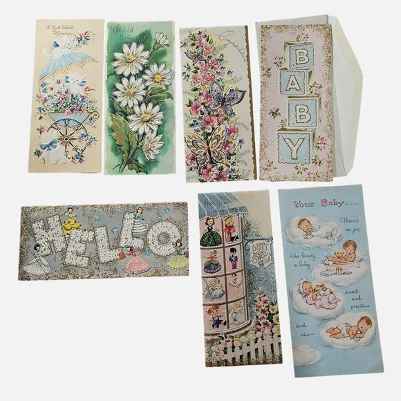 50s Greeting Cards Congratulations baby get well theme set/7 vtg pastel ephemera - Picture 1 of 12